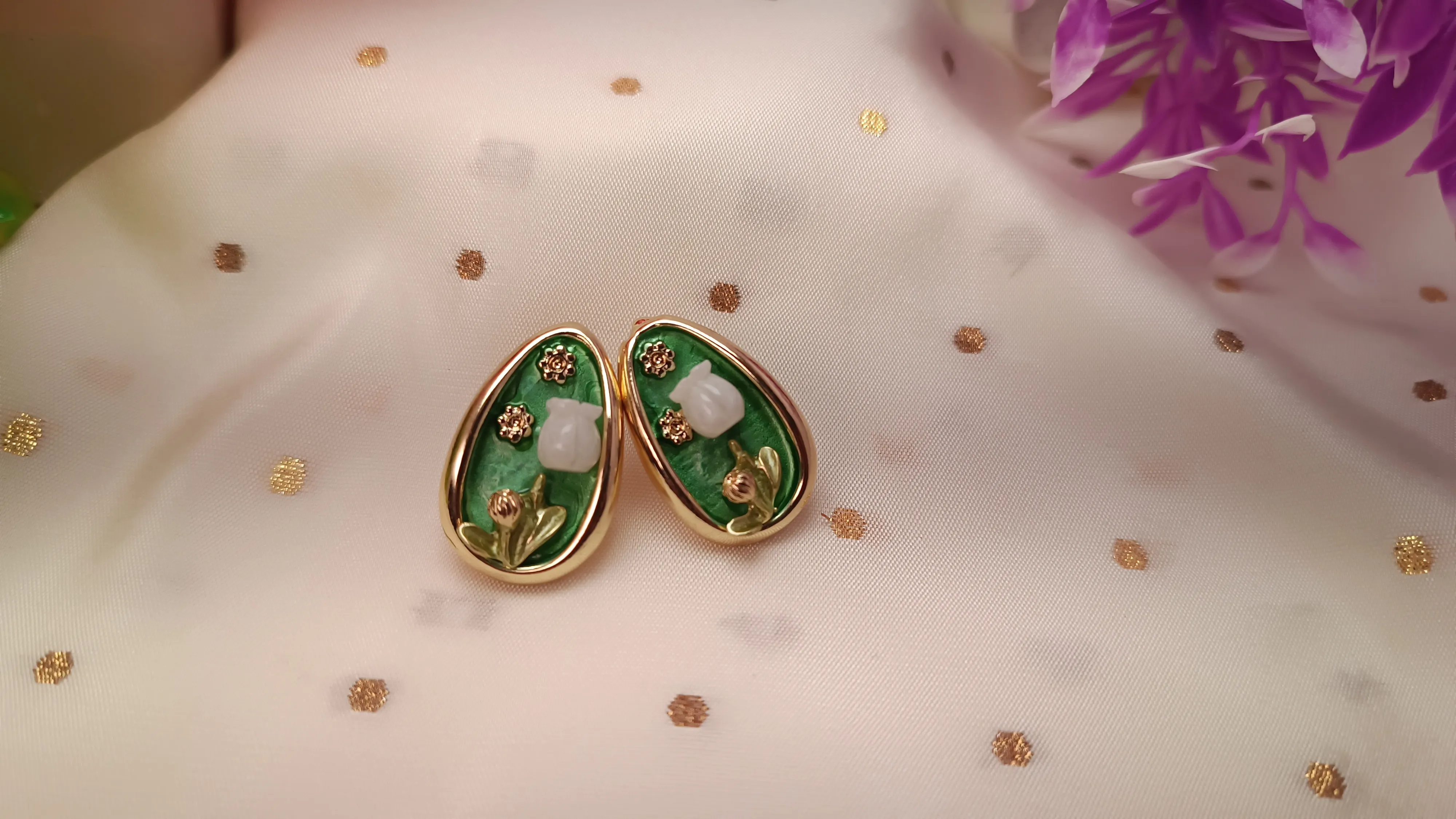 Gold Plated Tulip Studs – Hand-Finished Deep Green Enamel & Pearl Floral Earrings